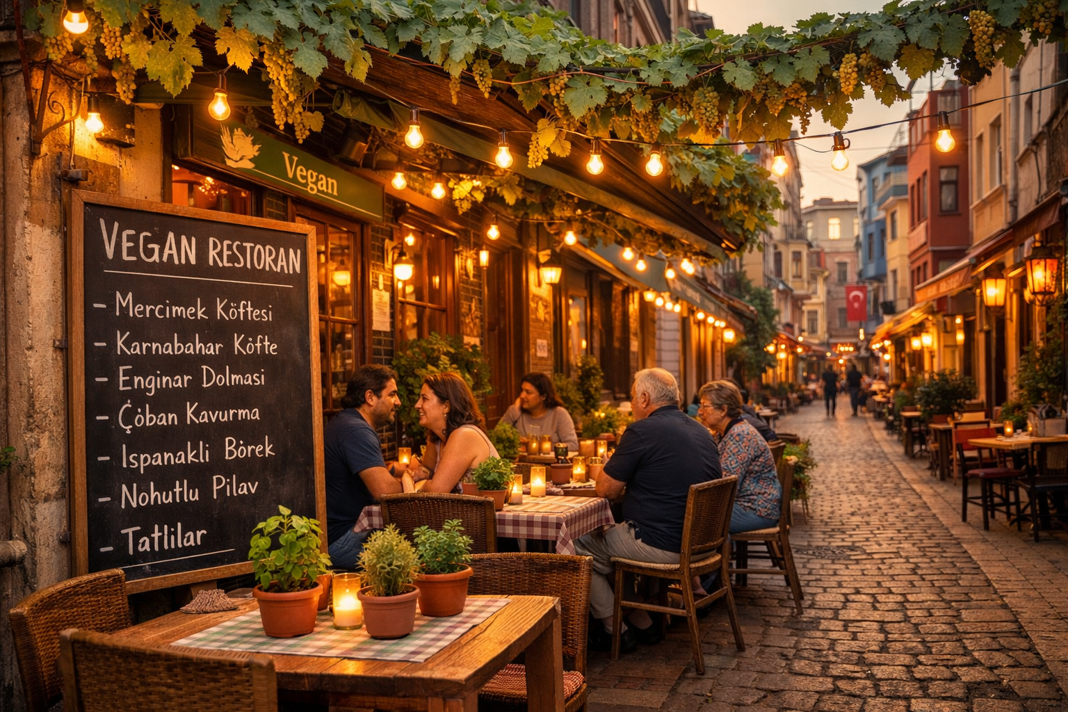 () street-level photograph of a charming vegan restaurant exterior in Istanbul's Kadikoy neighborhood, with outdoor seating
