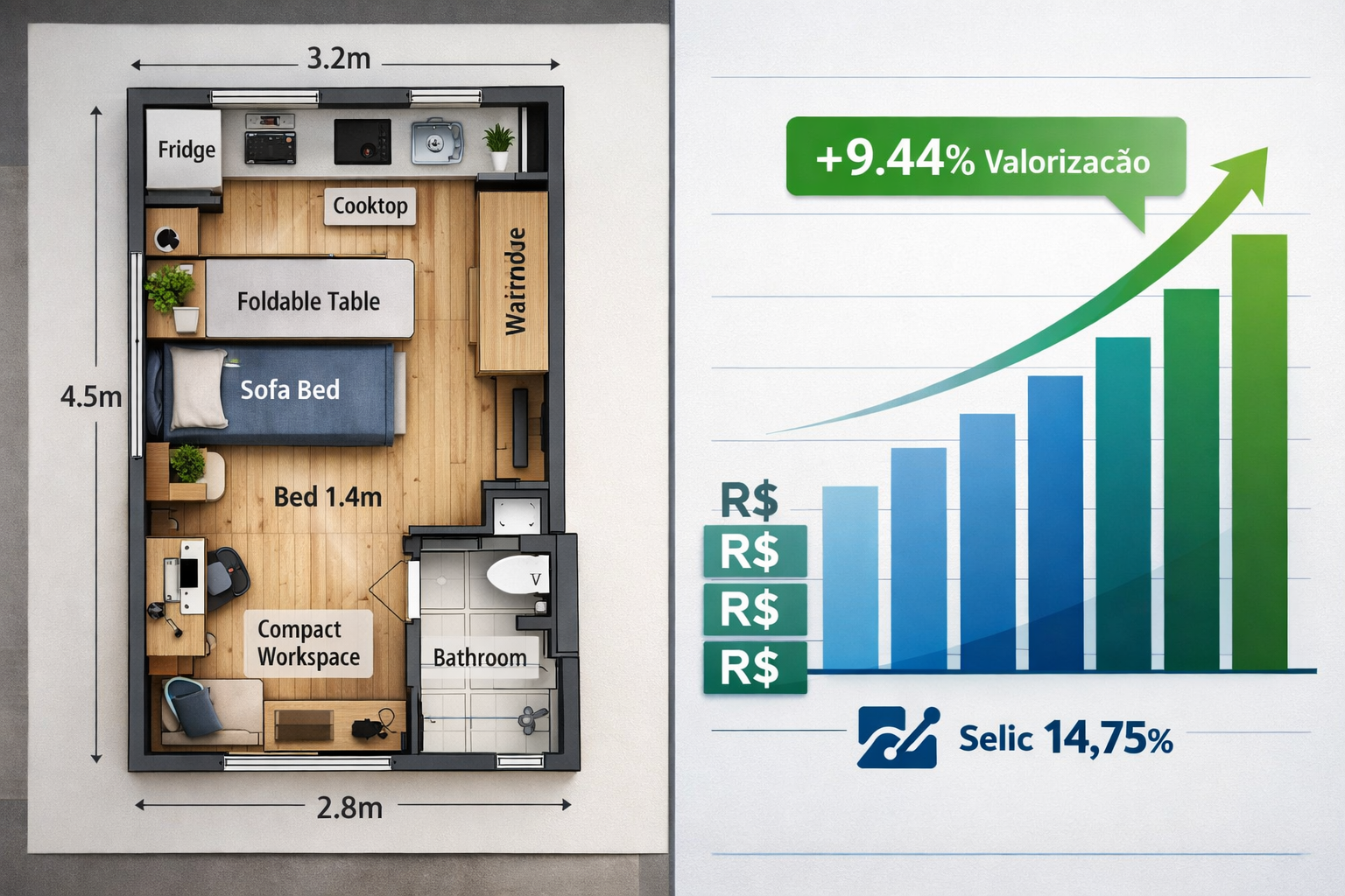 Detailed () image showing split-screen comparison of studio apartment floor plans and pricing charts. Left side displays