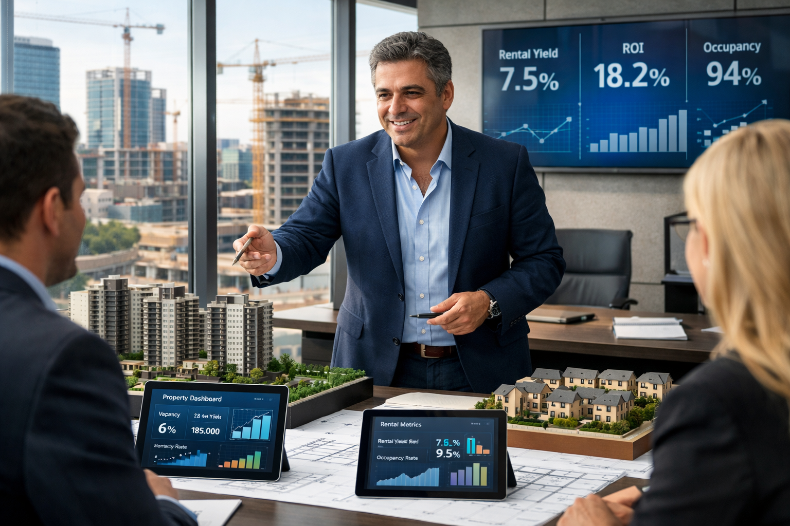 () photograph of Brazilian real estate developer presenting architectural models and digital tablets showing property