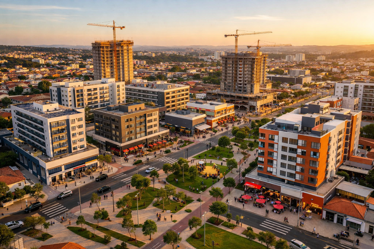 () aerial drone photograph of emerging Brazilian neighborhoods showing mixed-use development with studio apartment