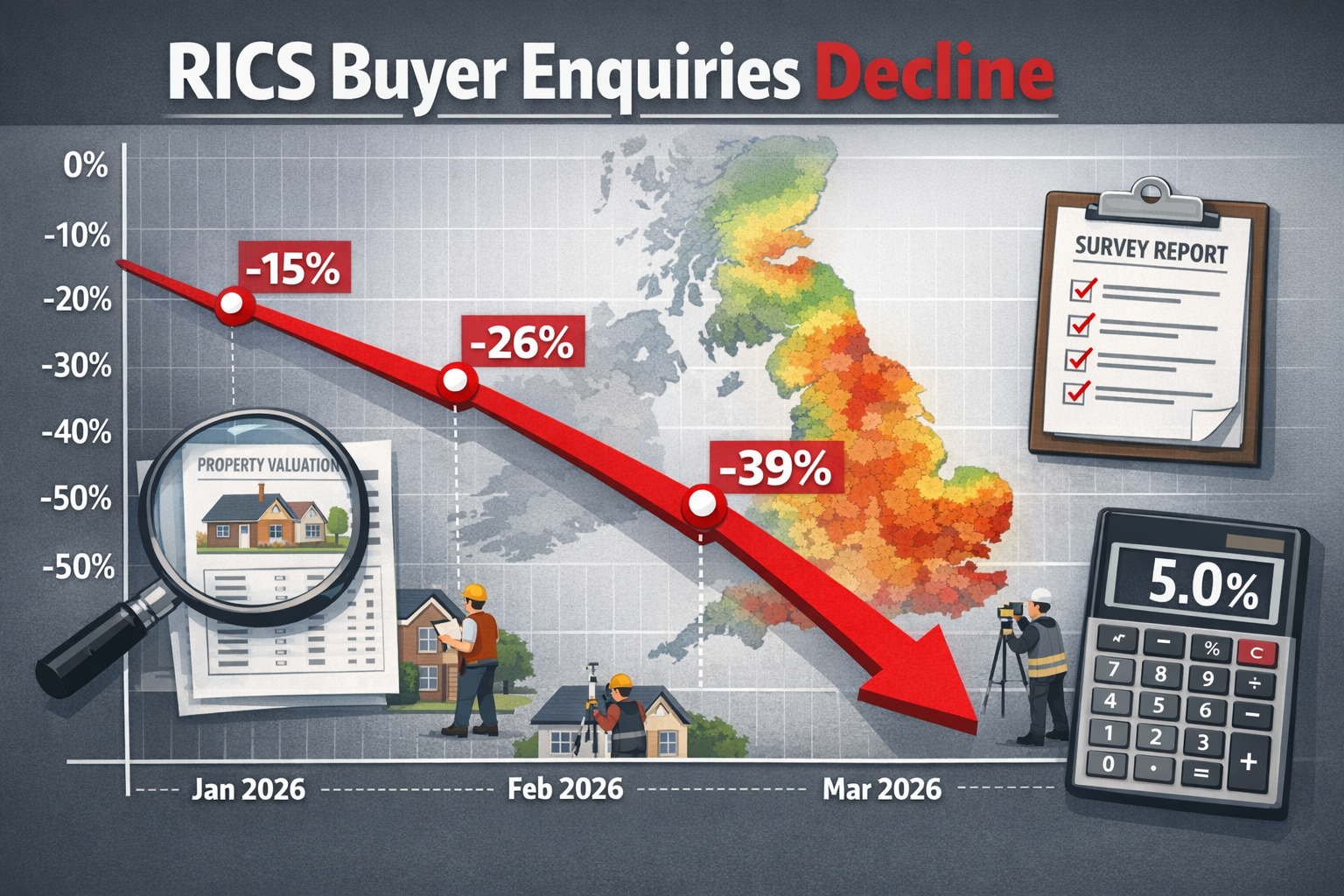 () detailed infographic showing RICS buyer enquiry data visualization with prominent timeline graph displaying net balance