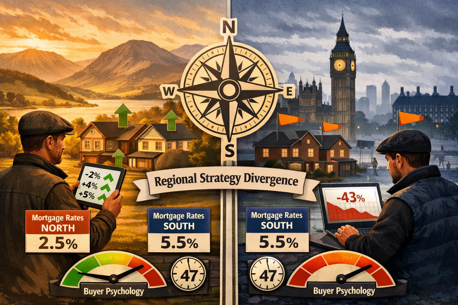 () split comparison illustration showing contrasting North-South property valuation strategies. Left panel depicts northern