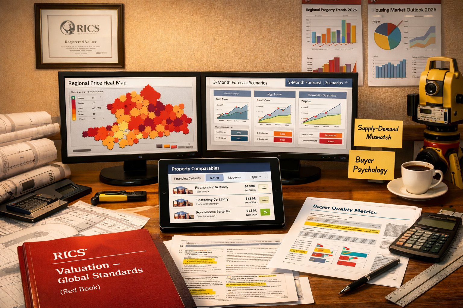() professional surveyor workspace scene showing RICS-certified expert reviewing comprehensive valuation report on large