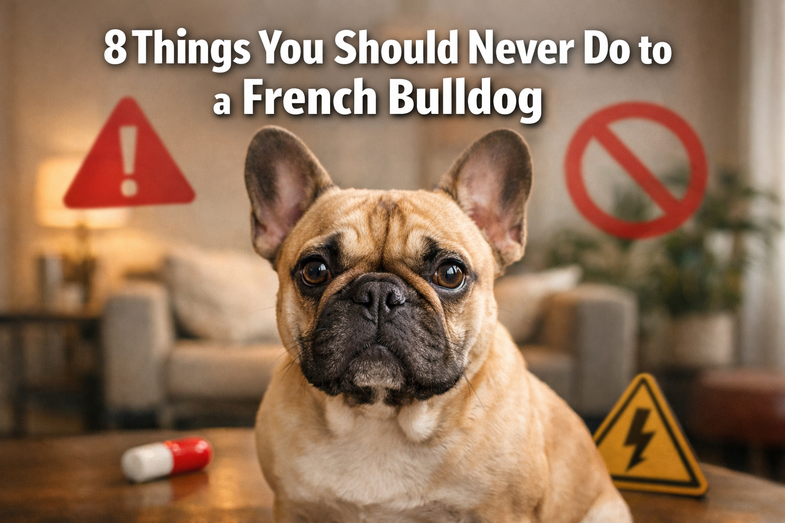 Professional landscape format (1536x1024) hero image featuring bold text overlay '8 Things You Should Never Do to a French Bulldog' in extra
