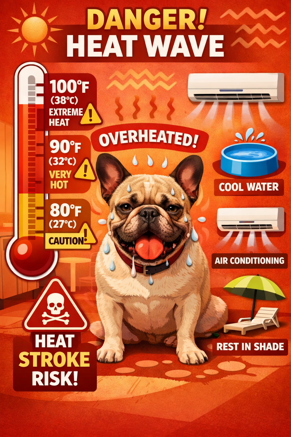 Portrait format (1024x1536) image showing French Bulldog overheating with thermometer graphic, warning red overlay, indoor scene with air co