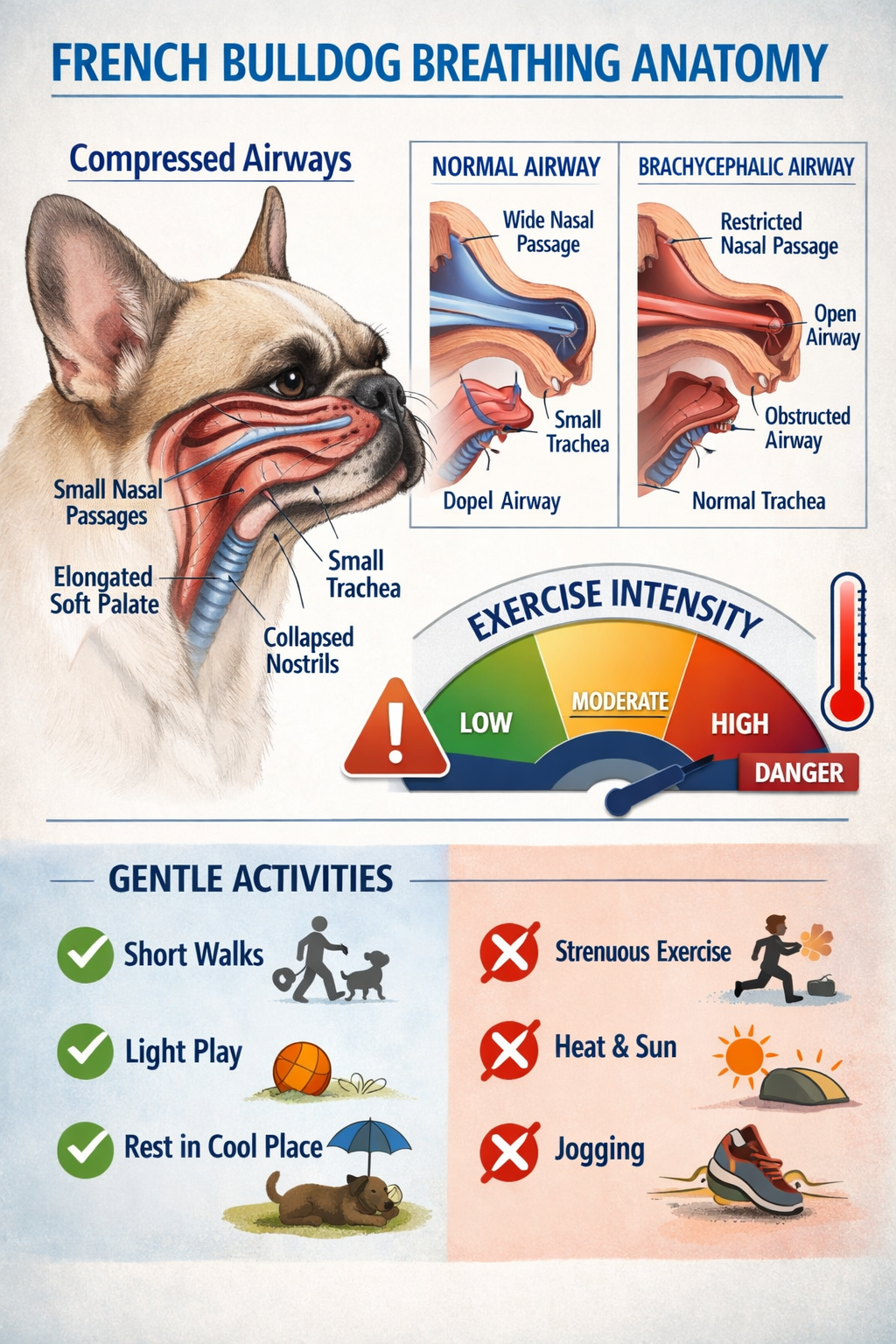 Portrait format (1024x1536) image depicting French Bulldog's breathing anatomy with cross-section illustration of compressed airways, exerci