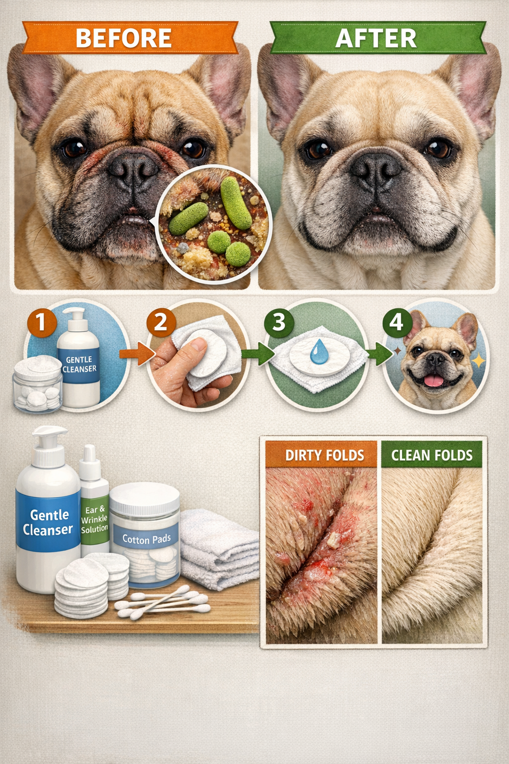 Portrait format (1024x1536) image showing French Bulldog's facial wrinkles and skin folds with magnified view of bacteria buildup, cleaning 