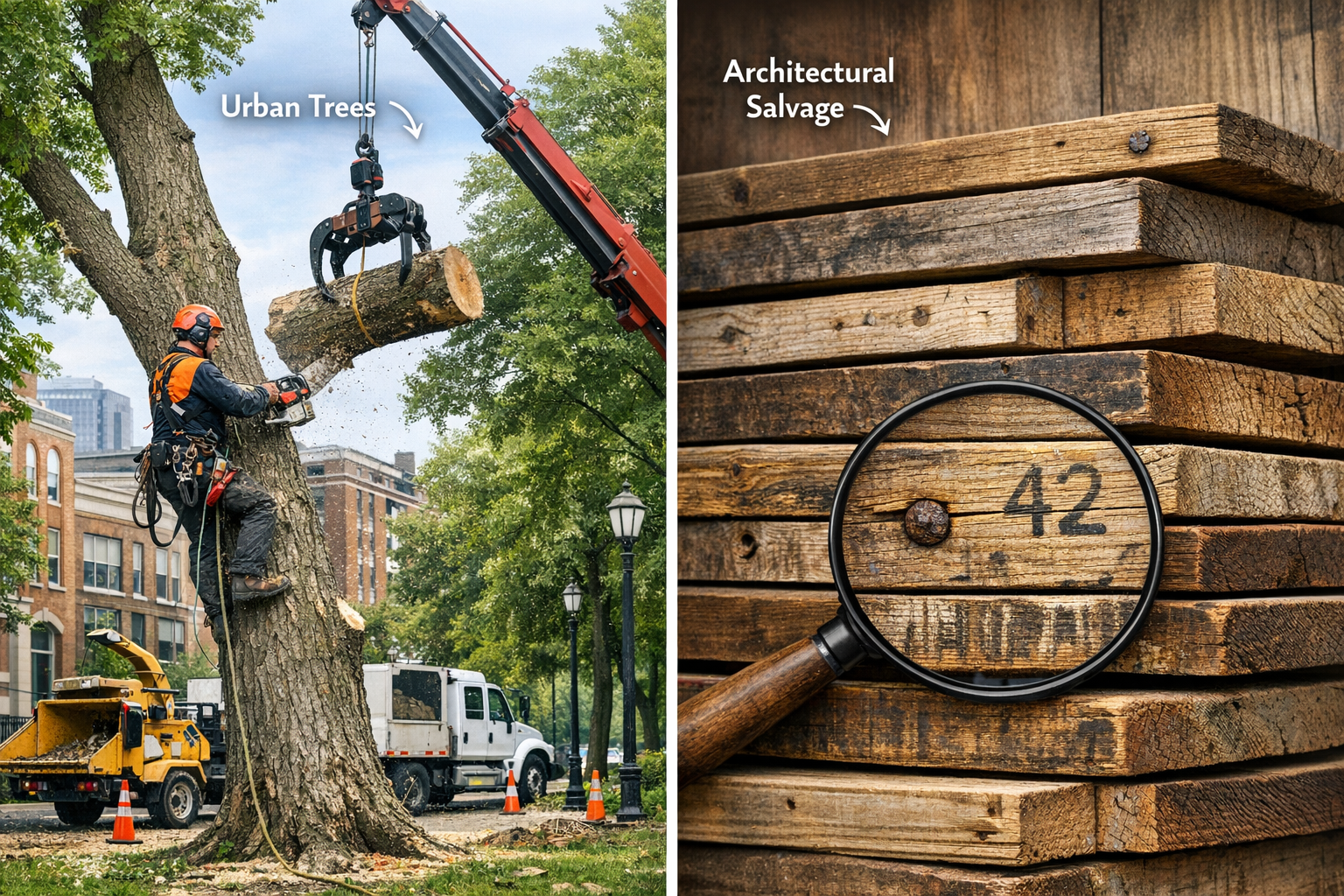 A detailed landscape format (1536x1024) image for the 'The Art of Sourcing Urban-Harvested and Reclaimed Wood' section. The image features a