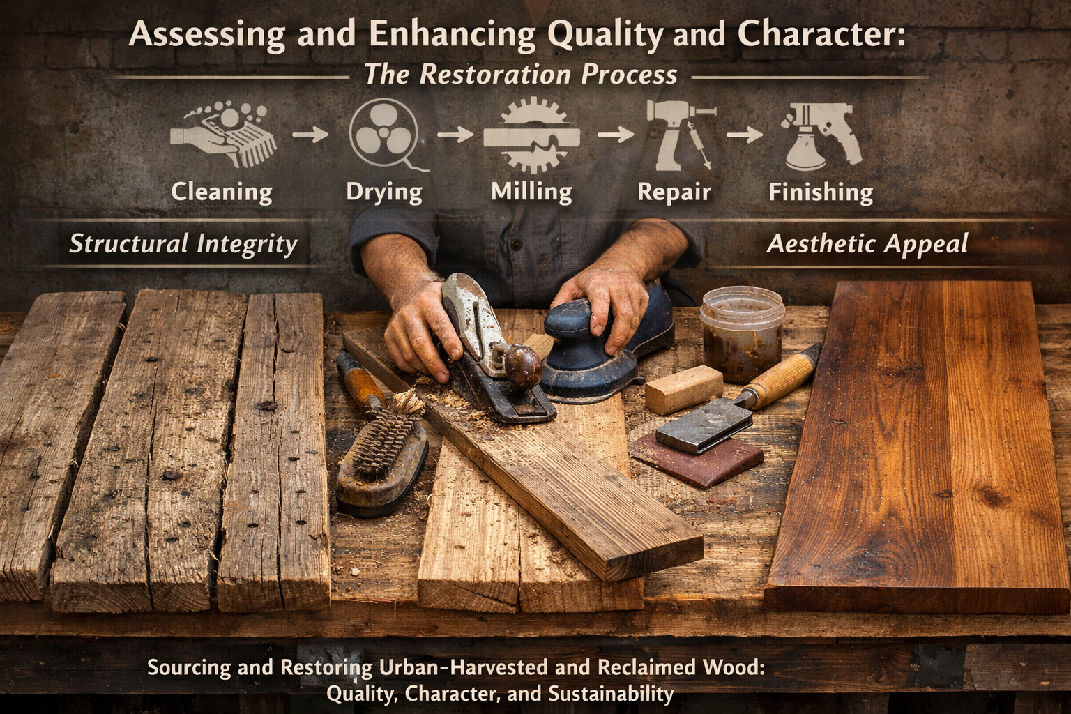 A detailed landscape format (1536x1024) image for the 'Assessing and Enhancing Quality and Character: The Restoration Process' section. This