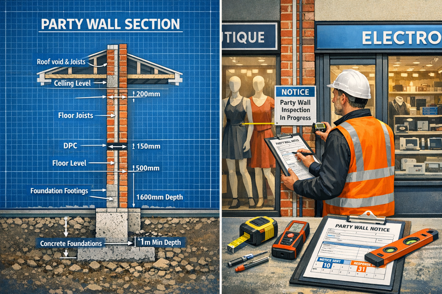 Detailed landscape format (1536x1024) illustration showing professional surveyor in high-visibility vest conducting party wall inspection be