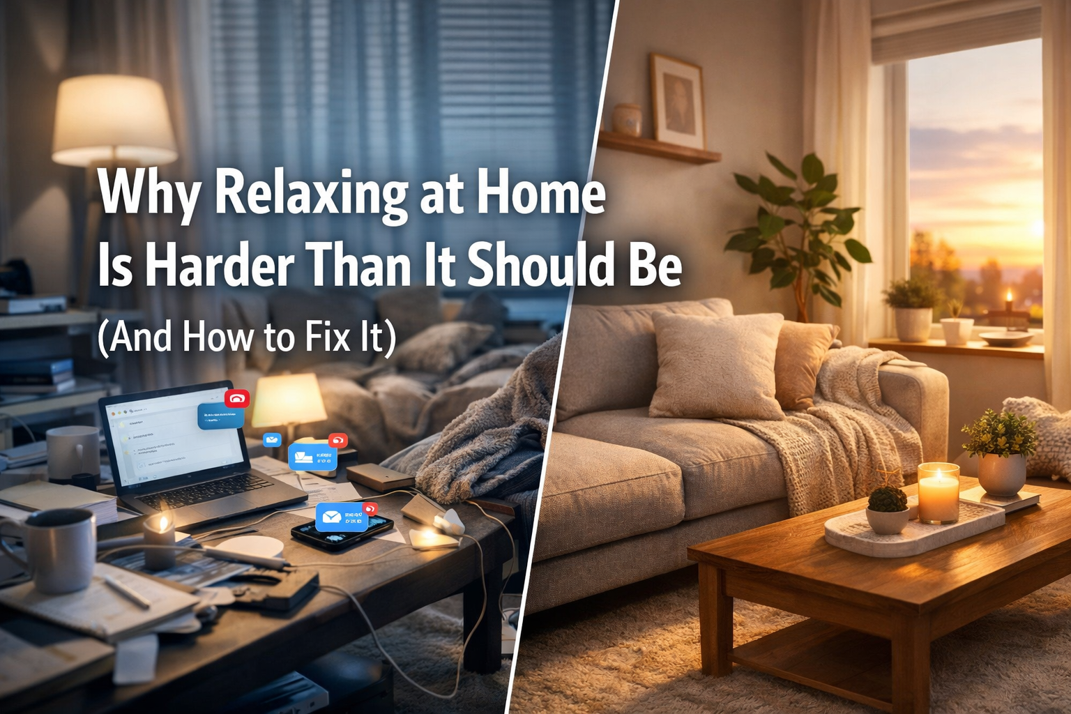 Professional landscape format (1536x1024) hero image featuring bold text overlay 'Why Relaxing at Home Is Harder Than It Should Be (And How 
