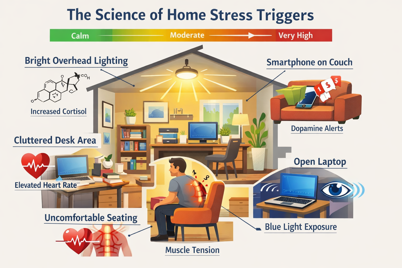 Landscape format (1536x1024) detailed illustration showing the science of home stress triggers in an infographic style. Central image of a c