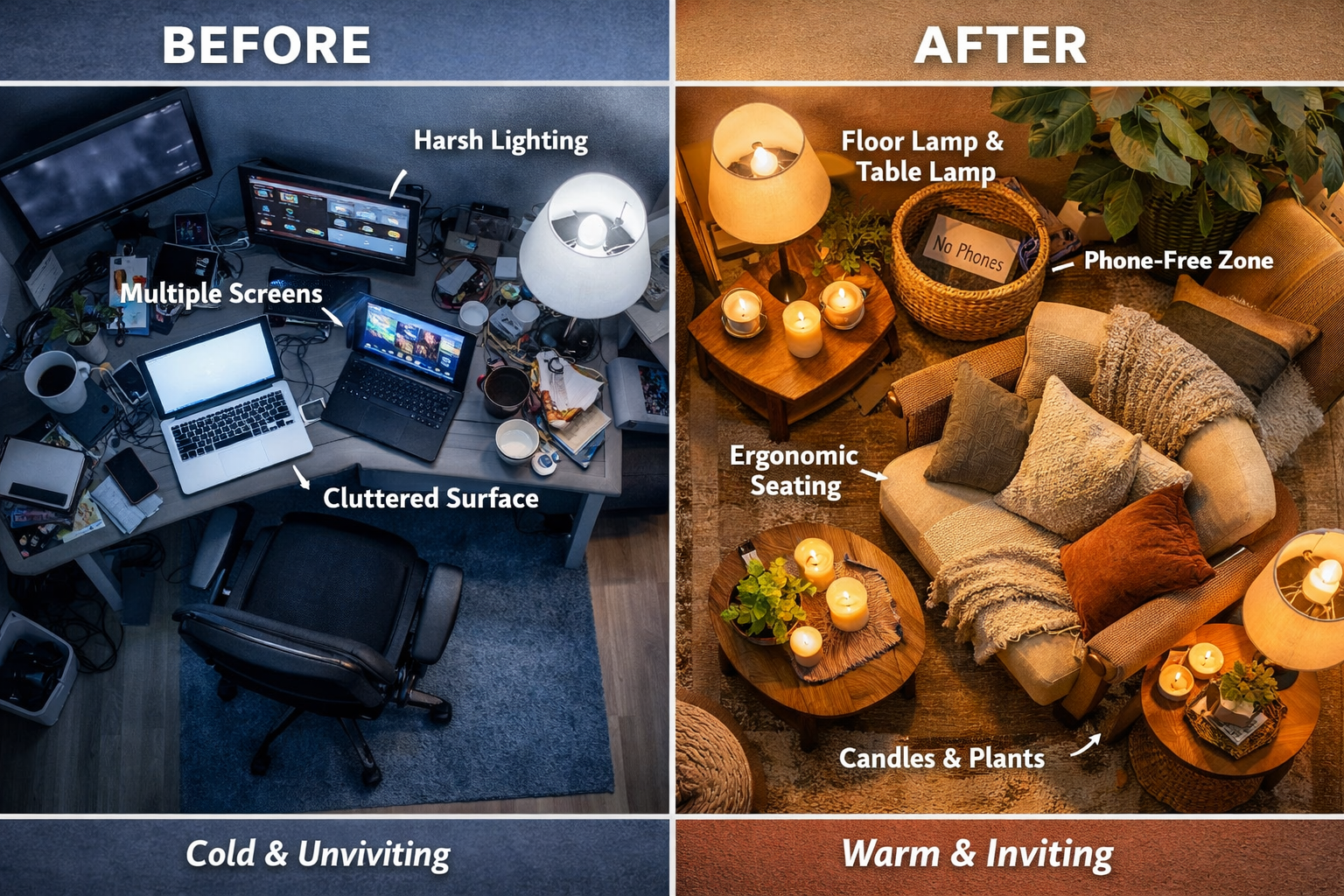 Landscape format (1536x1024) environmental design comparison showing before-and-after home relaxation zones. Split-screen layout: left shows
