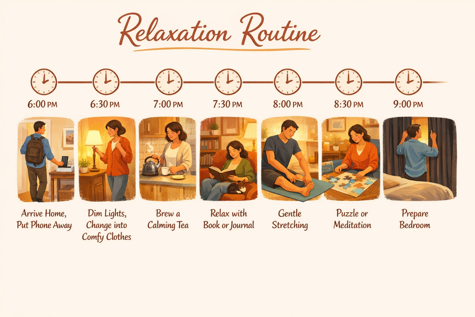 Landscape format (1536x1024) step-by-step visual guide showing a relaxation routine timeline from 6 PM to 9 PM. Horizontal timeline with ill