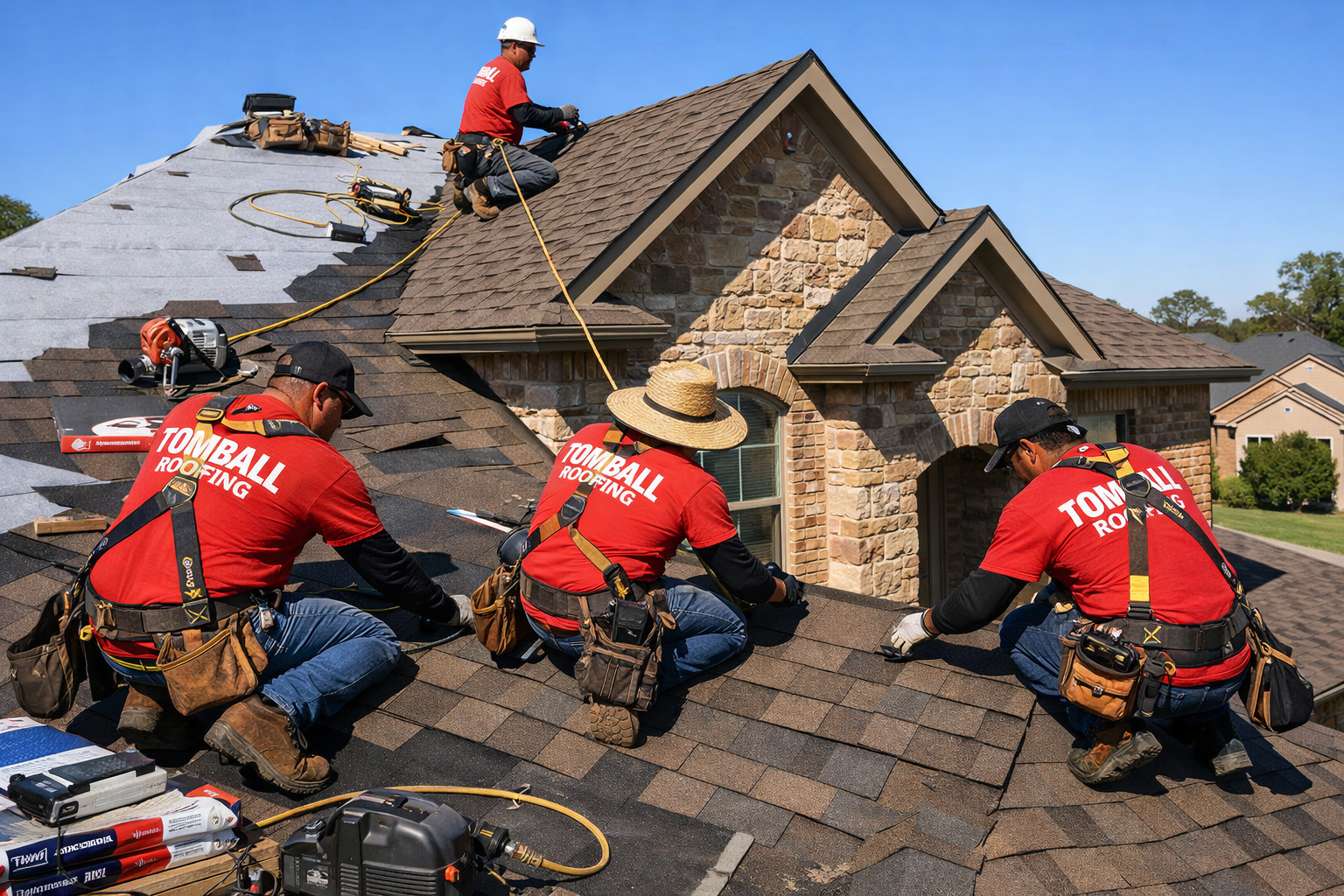 Professional roofing crew installing premium asphalt shingles on beautiful two-story Tomball home, workers wearing safety gear and branded u