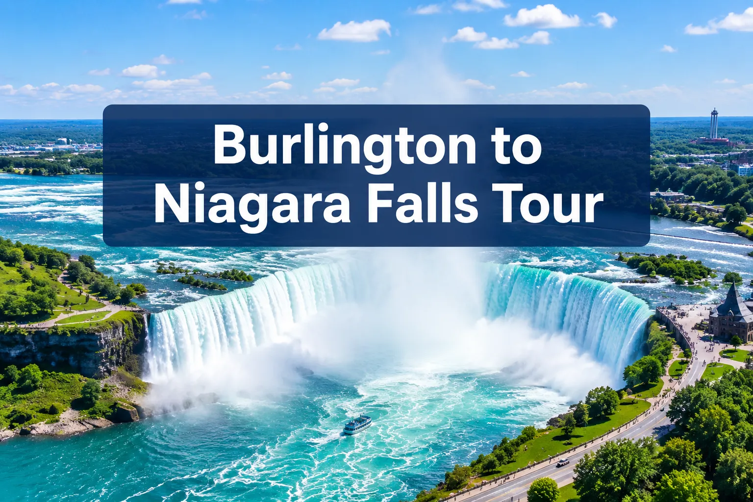 Professional () hero image with 'Burlington to Niagara Falls Tour' in crisp white on a deep semi-transparent navy panel,