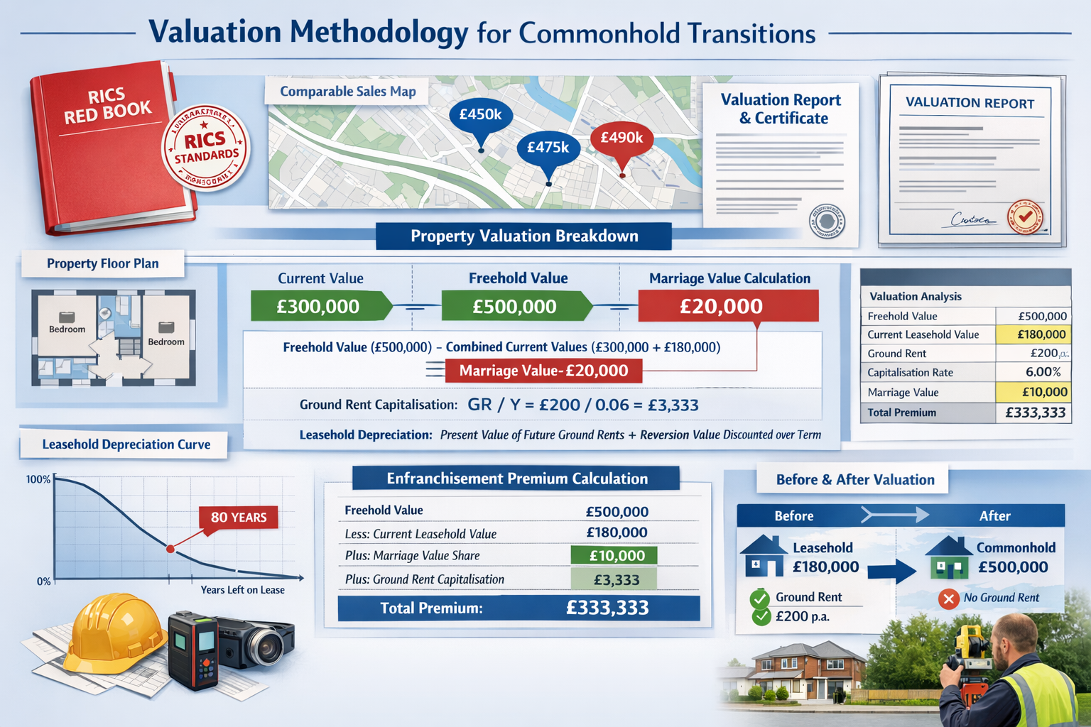 Comprehensive () infographic-style image illustrating valuation methodology for commonhold transitions with multiple visual
