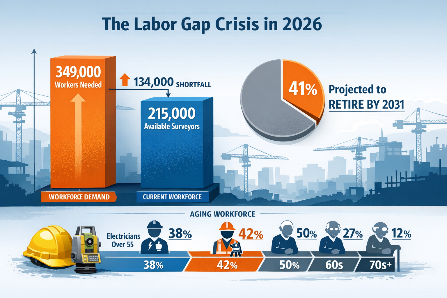 Landscape format (1536x1024) detailed infographic showing the surveying workforce crisis statistics with bold headline 'The Labor Gap Crisis