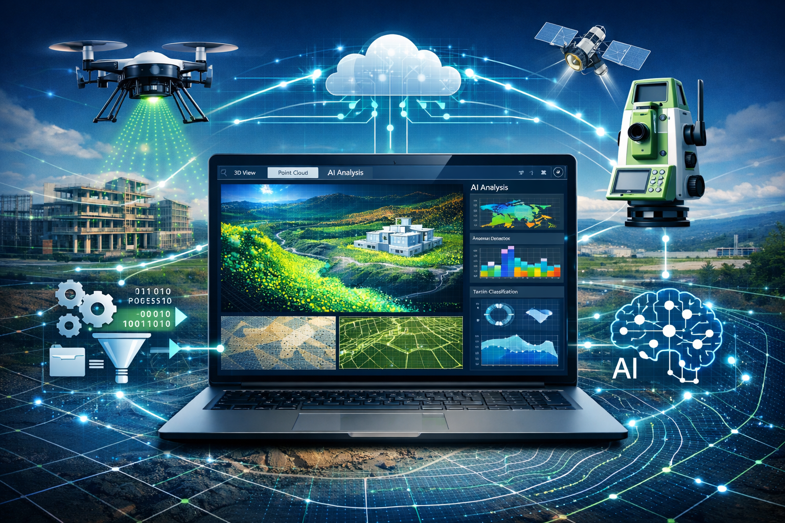 Landscape format (1536x1024) conceptual illustration showcasing digital surveying technology ecosystem with central tablet or laptop display