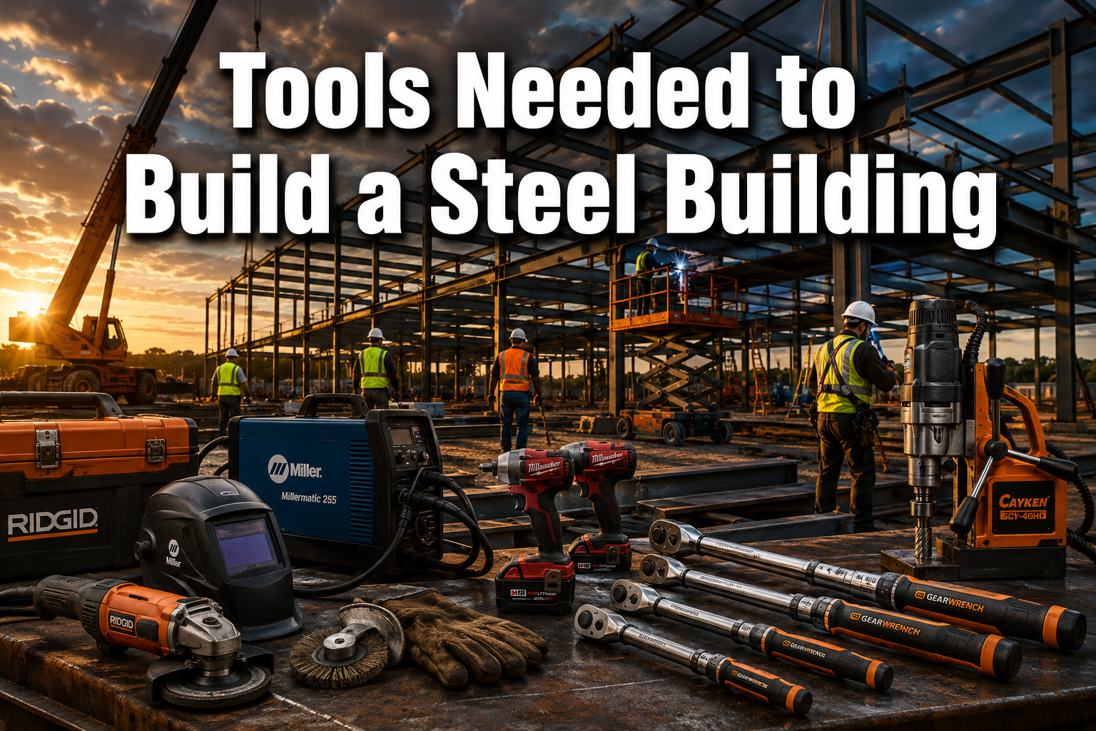 Professional () hero image with : 'Tools Needed to Build a Steel Building' in extra large white with dark drop , centered in