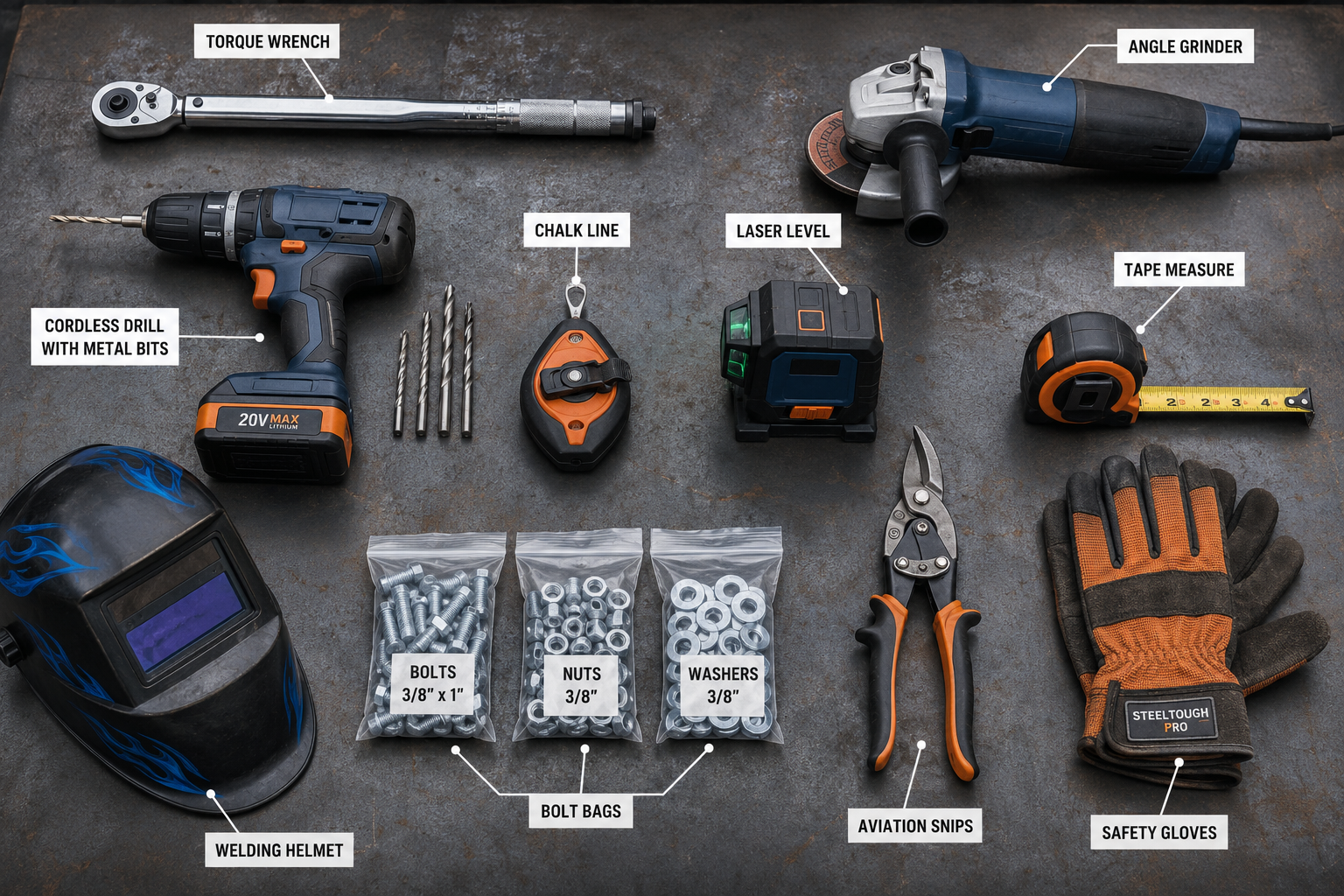 Detailed () editorial infographic-style image showing a comprehensive flat-lay overhead shot of all essential tools needed