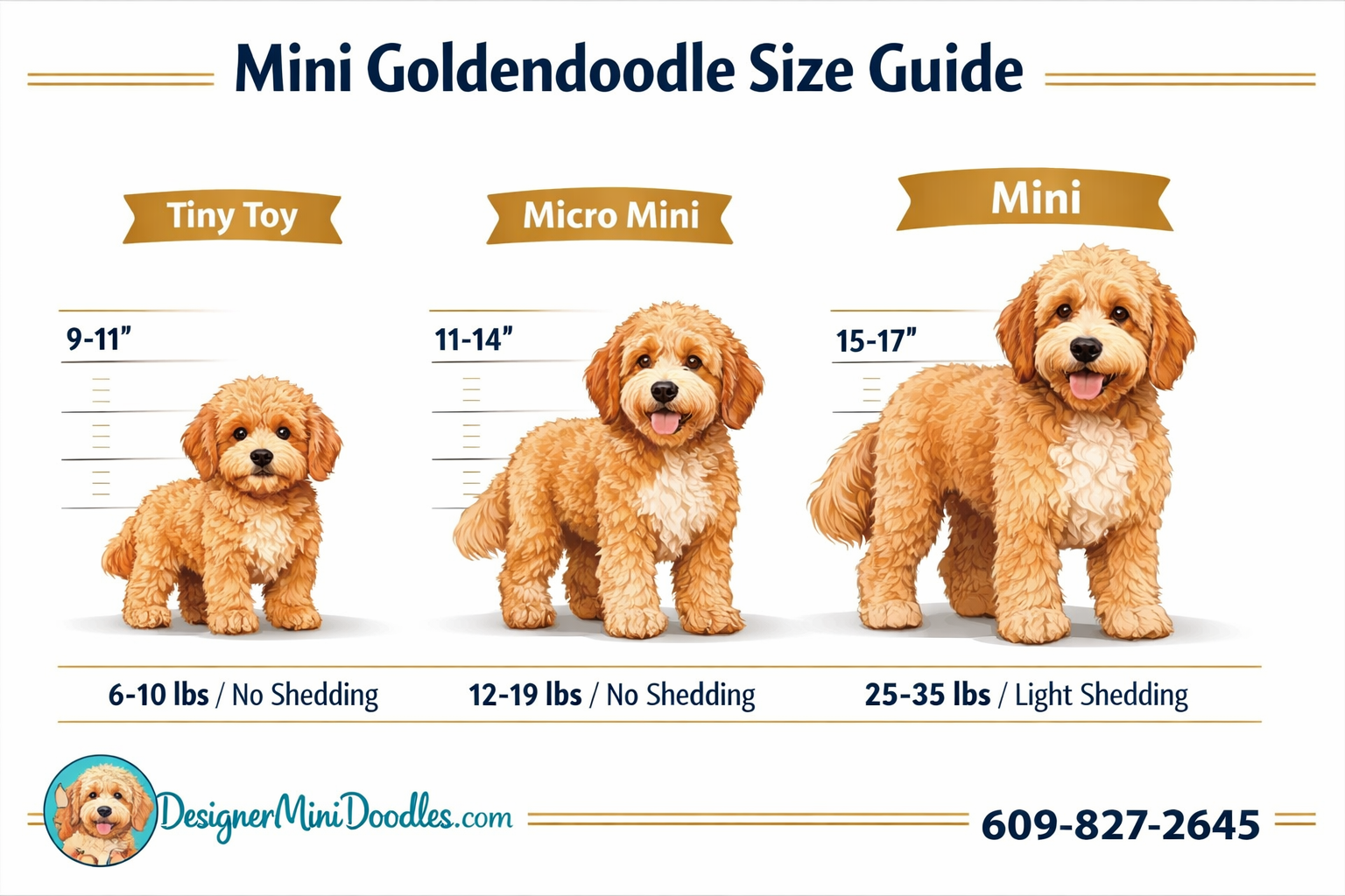 Detailed () infographic-style image showing a goldendoodle size comparison chart with three illustrated dogs side by side: a