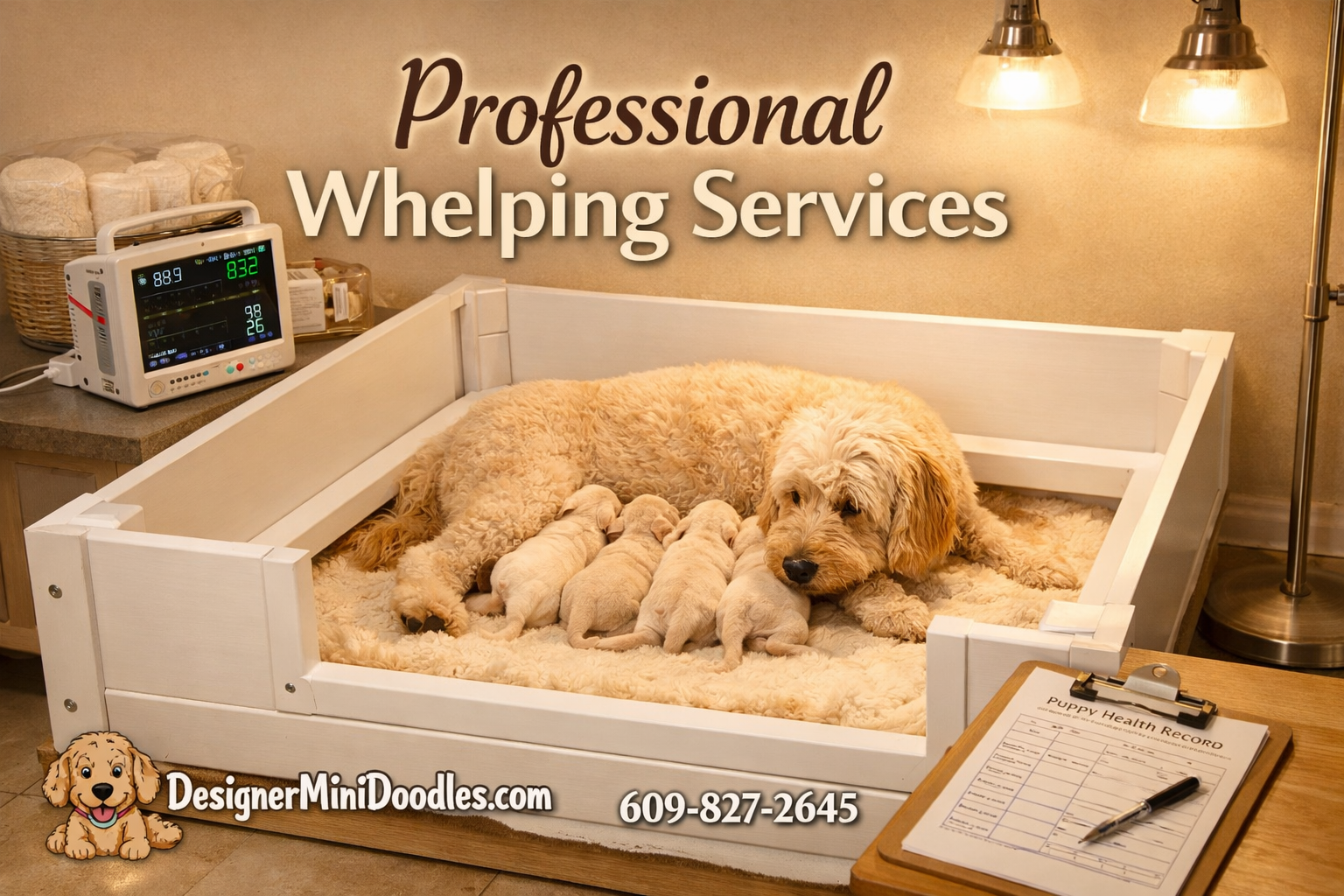 Detailed () image showing a professional whelping room setup with a clean white whelping box containing a mother