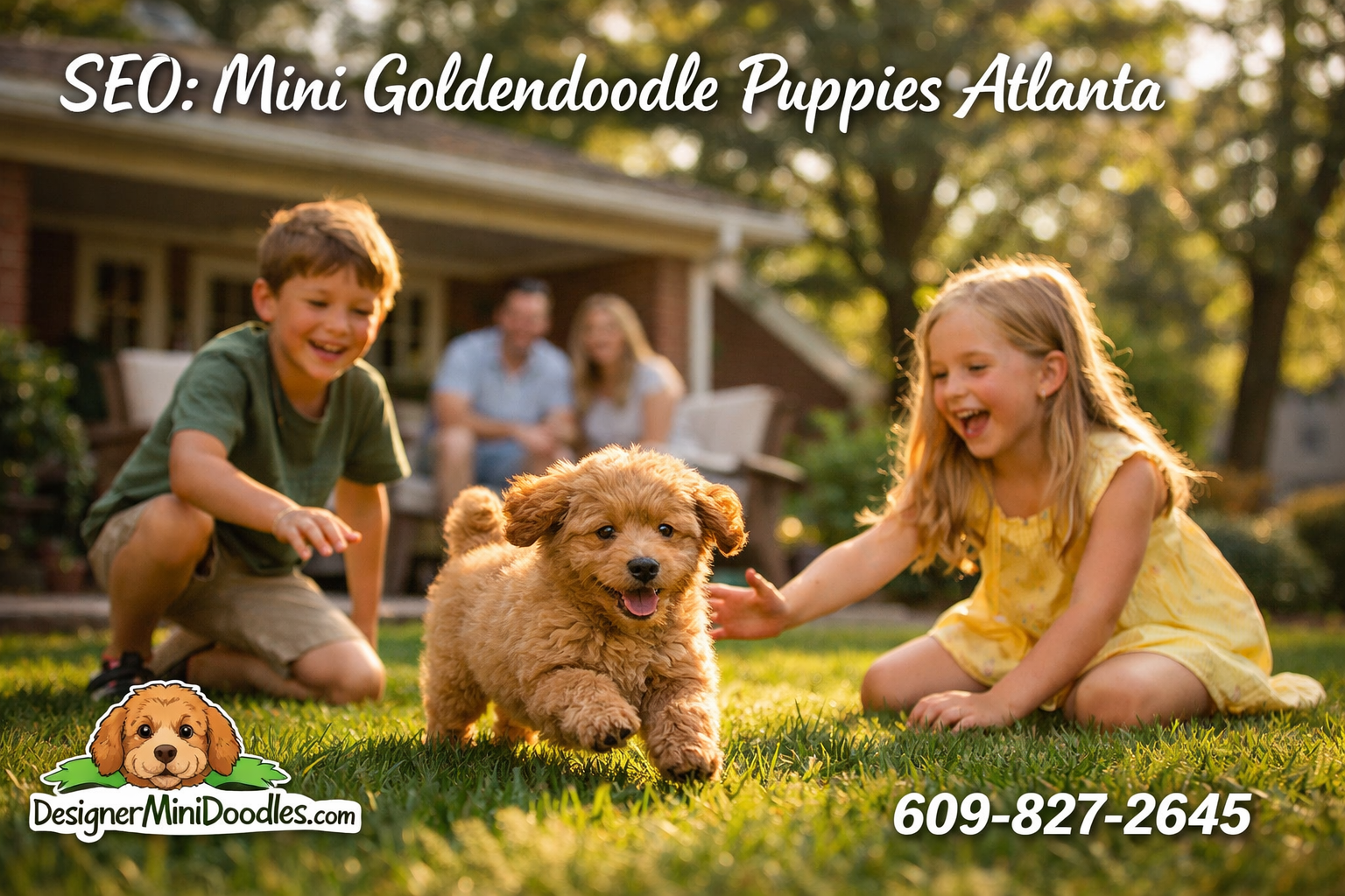 Detailed () warm lifestyle photograph of a young family with two children playing with a small apricot micro mini