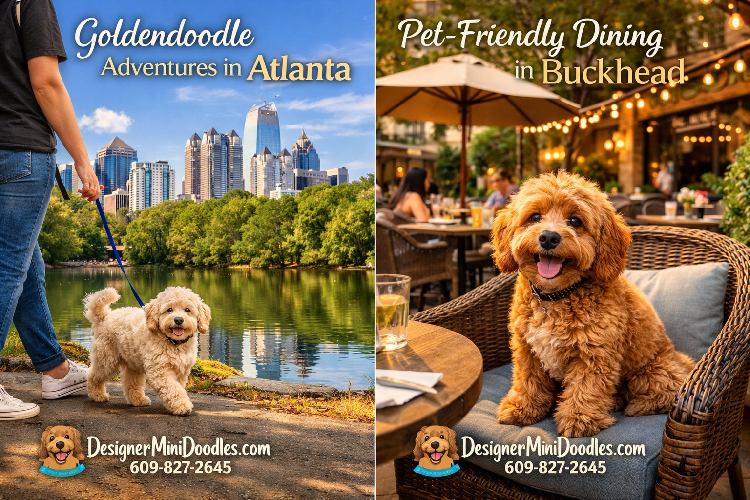 Detailed () split-image composition showing Atlanta-specific scenes for goldendoodle owners. Left side shows a person