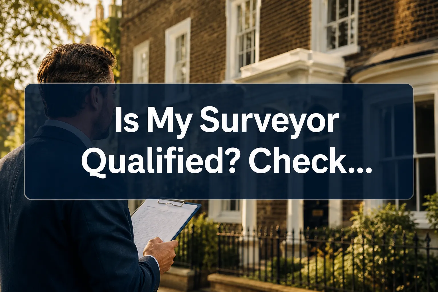Professional () hero image with 'Is My Surveyor Qualified? Check…' in crisp white modern on a deep navy semi-transparent