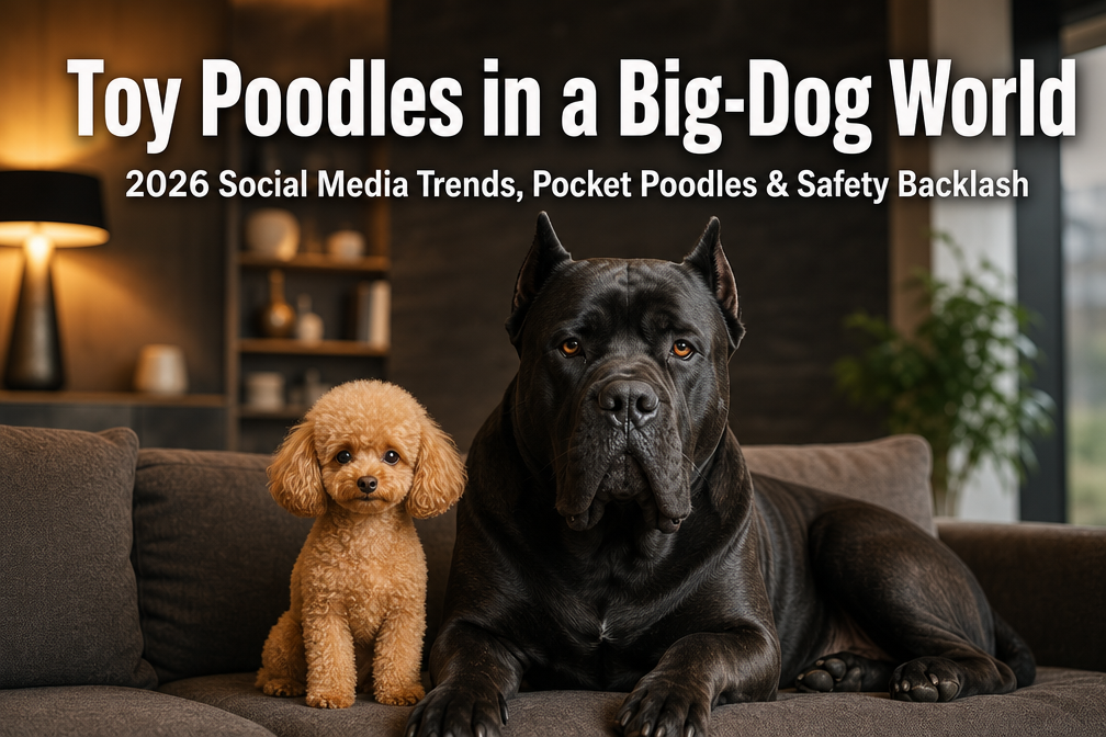 Professional () hero image featuring 'Toy Poodles in a Big-Dog World' in extra large white with dark , centered in upper
