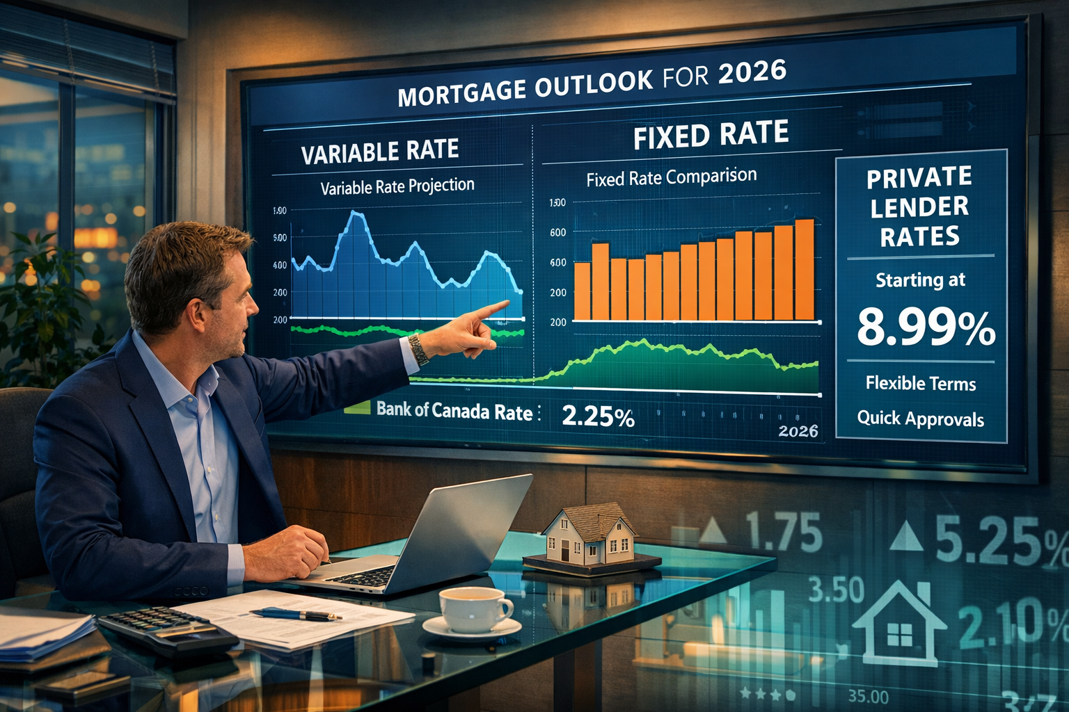 Wide-angle editorial illustration showing a Toronto mortgage broker at a modern glass-desk office, pointing to a large