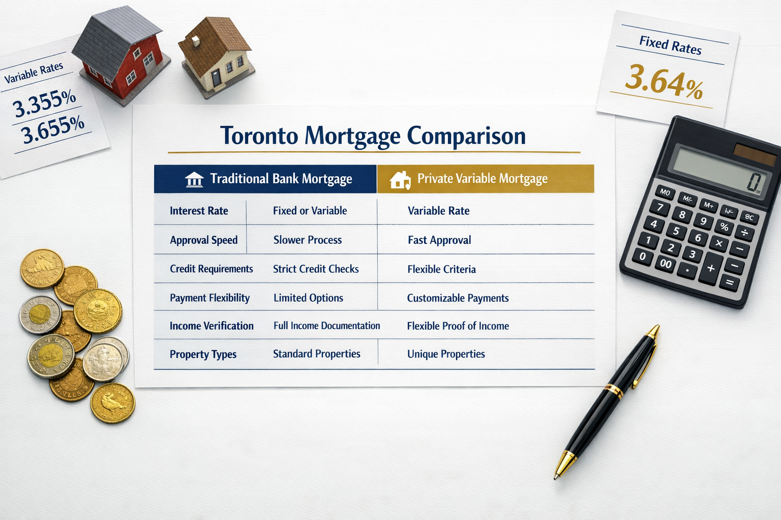 Overhead flat-lay infographic style image showing a comparison table document between traditional bank mortgages and private