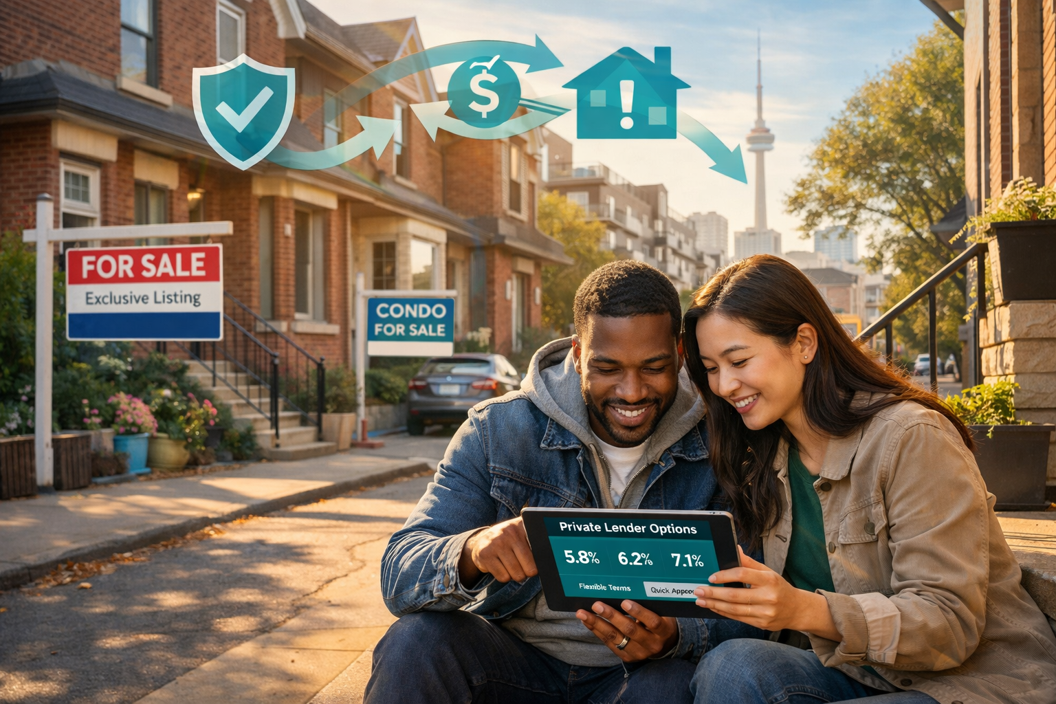 Street-level perspective photograph of a Toronto residential neighborhood in early 2026, featuring a mix of semi-detached