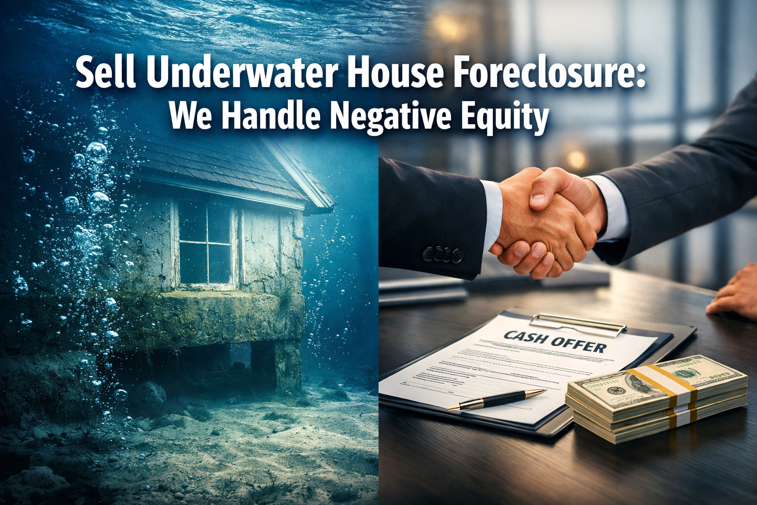 Professional landscape format (1536x1024) hero image featuring bold text overlay 'Sell Underwater House Foreclosure: We Handle Negative Equi