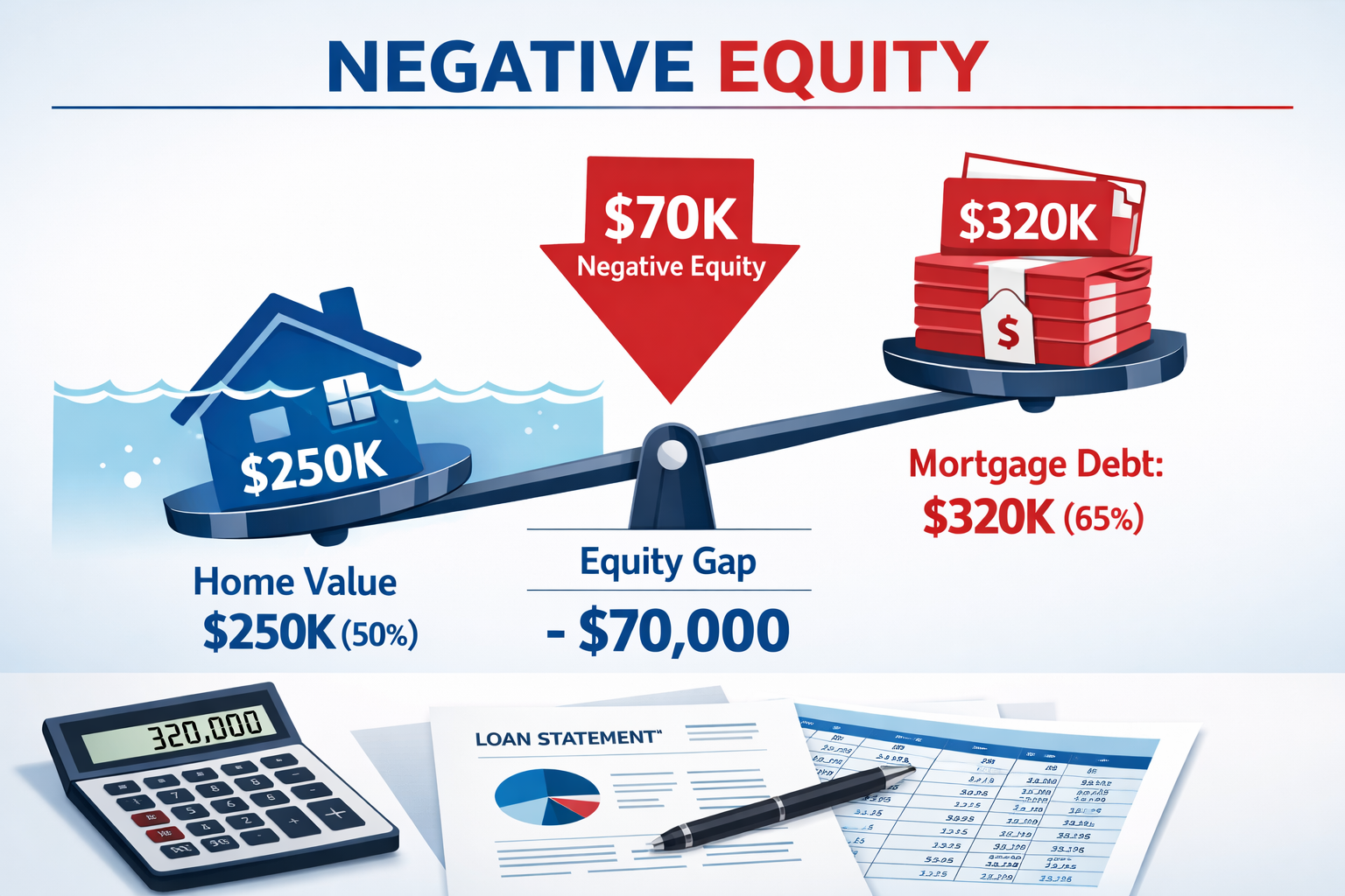 Detailed landscape format (1536x1024) image showing professional infographic explaining negative equity concept with visual balance scale: l