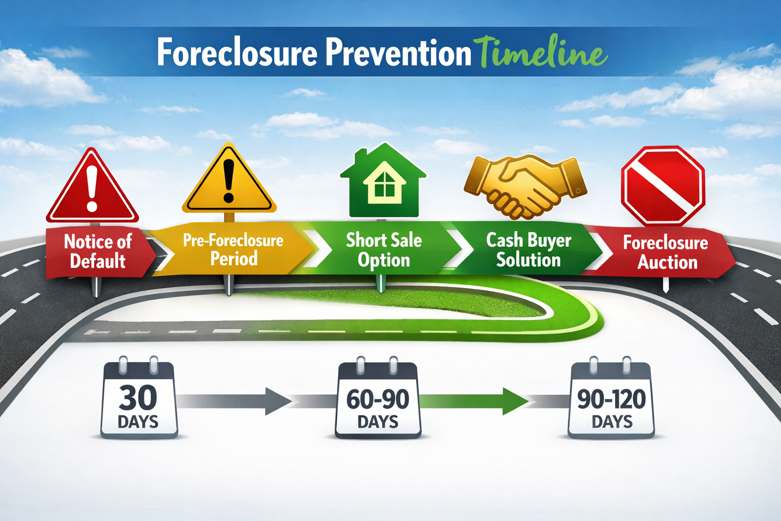 Landscape format (1536x1024) image depicting step-by-step foreclosure prevention timeline as horizontal roadmap graphic. Shows five mileston