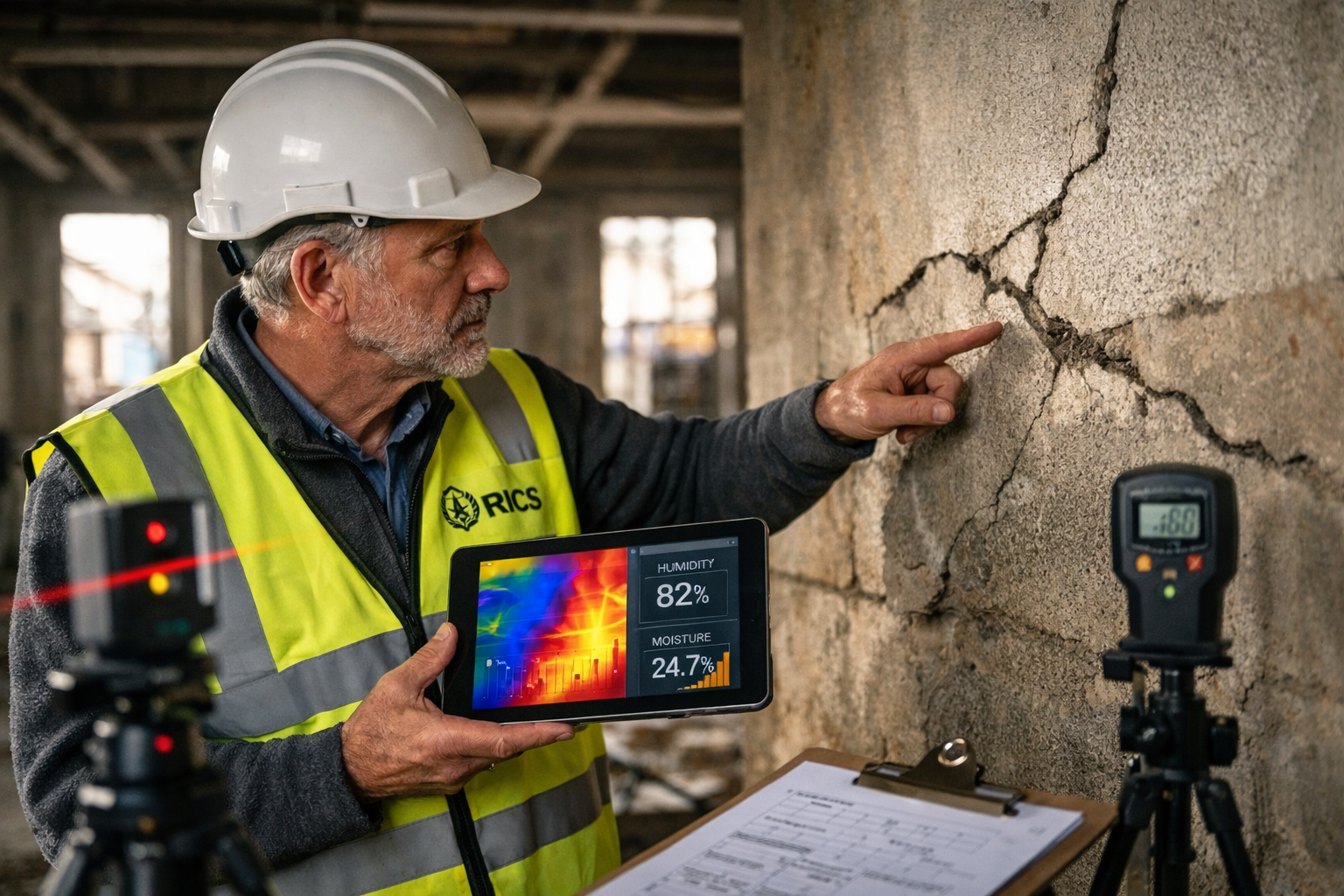 () professional photograph of experienced building surveyor in high-visibility vest and hard hat conducting detailed