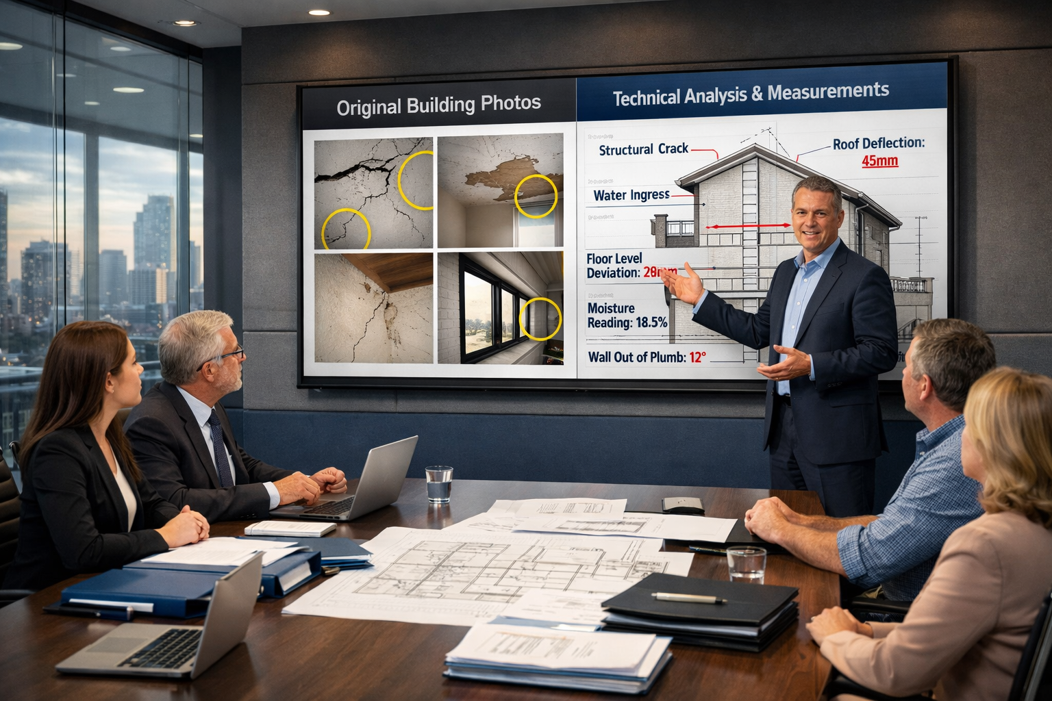 () modern conference room scene showing expert witness surveyor presenting comprehensive building dispute report to legal