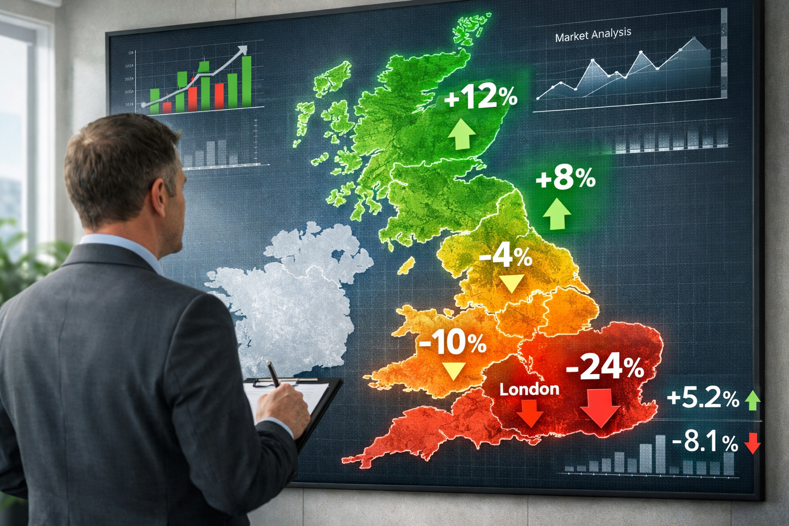 Detailed () editorial image showing a professional chartered surveyor in business attire examining a large interactive
