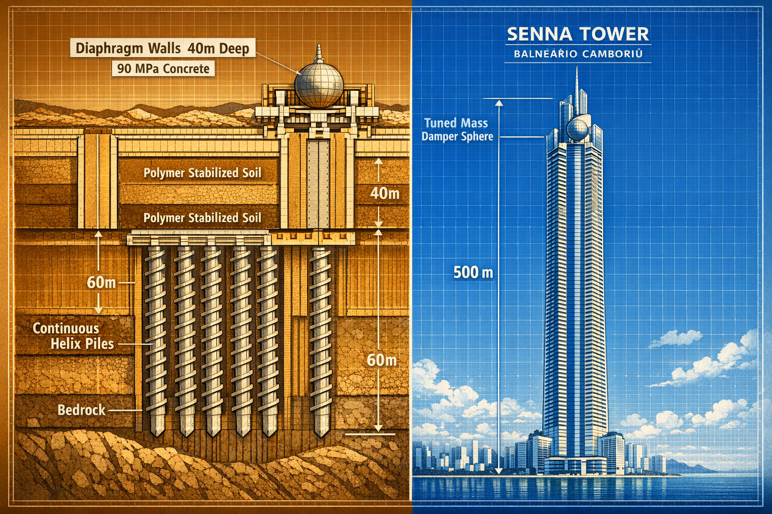 Architectural engineering diagram illustration in () showing cross-section cutaway of a 500-meter supertall residential