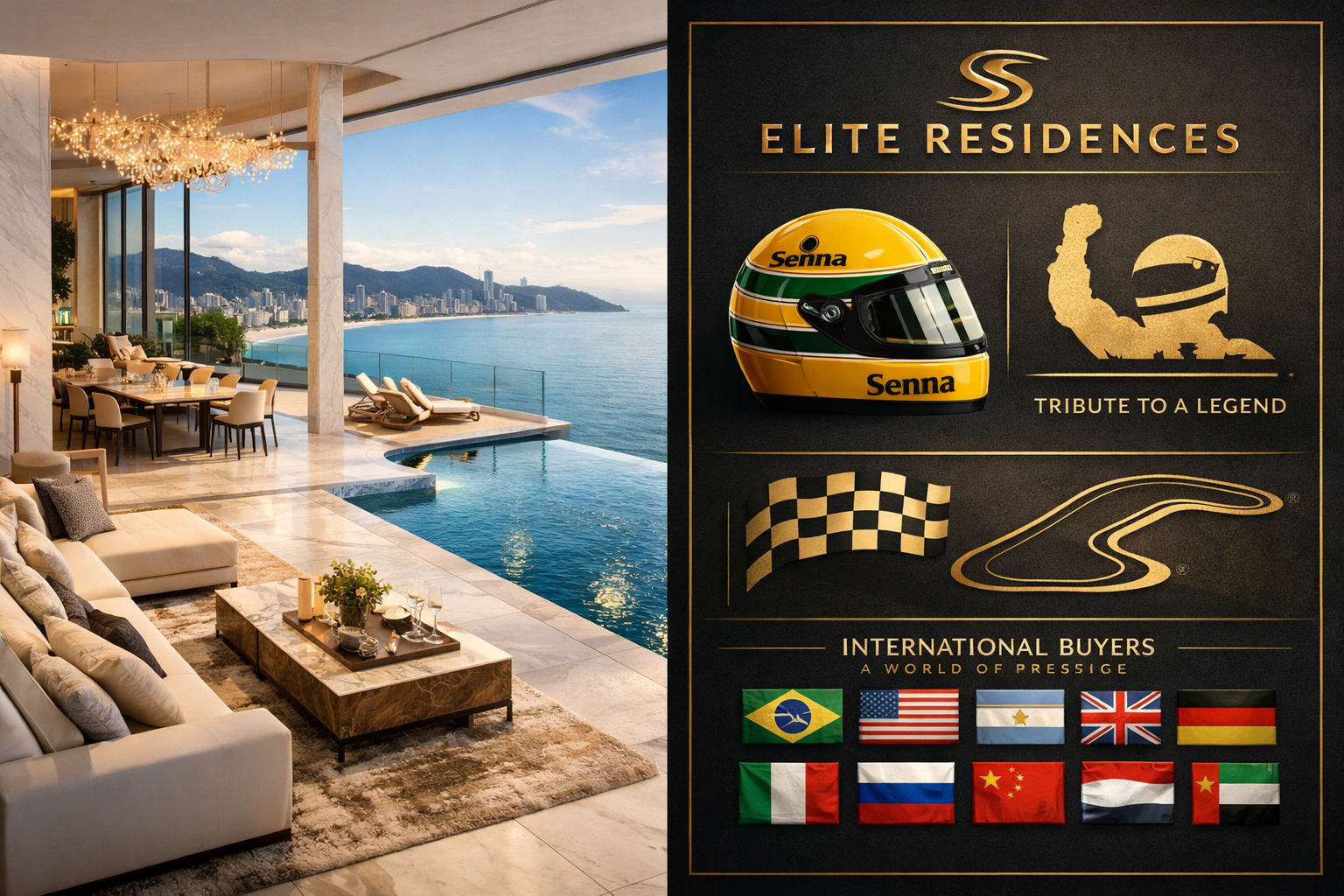 Luxury residential high-rise marketing concept collage in () showing split-scene composition: left panel features an