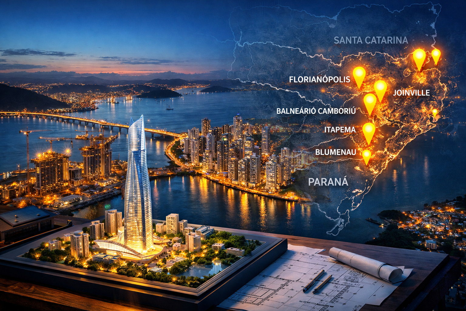 Wide-angle aerial cityscape in () showing Florianópolis and greater Santa Catarina coastal region from above at dusk, with