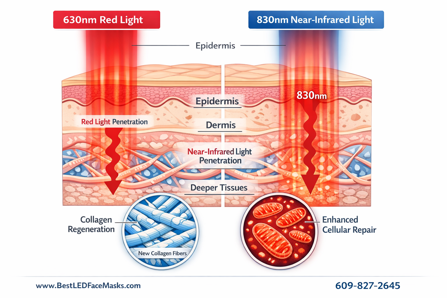 () editorial illustration showing the science of LED light therapy: split-diagram of skin cross-section with red and