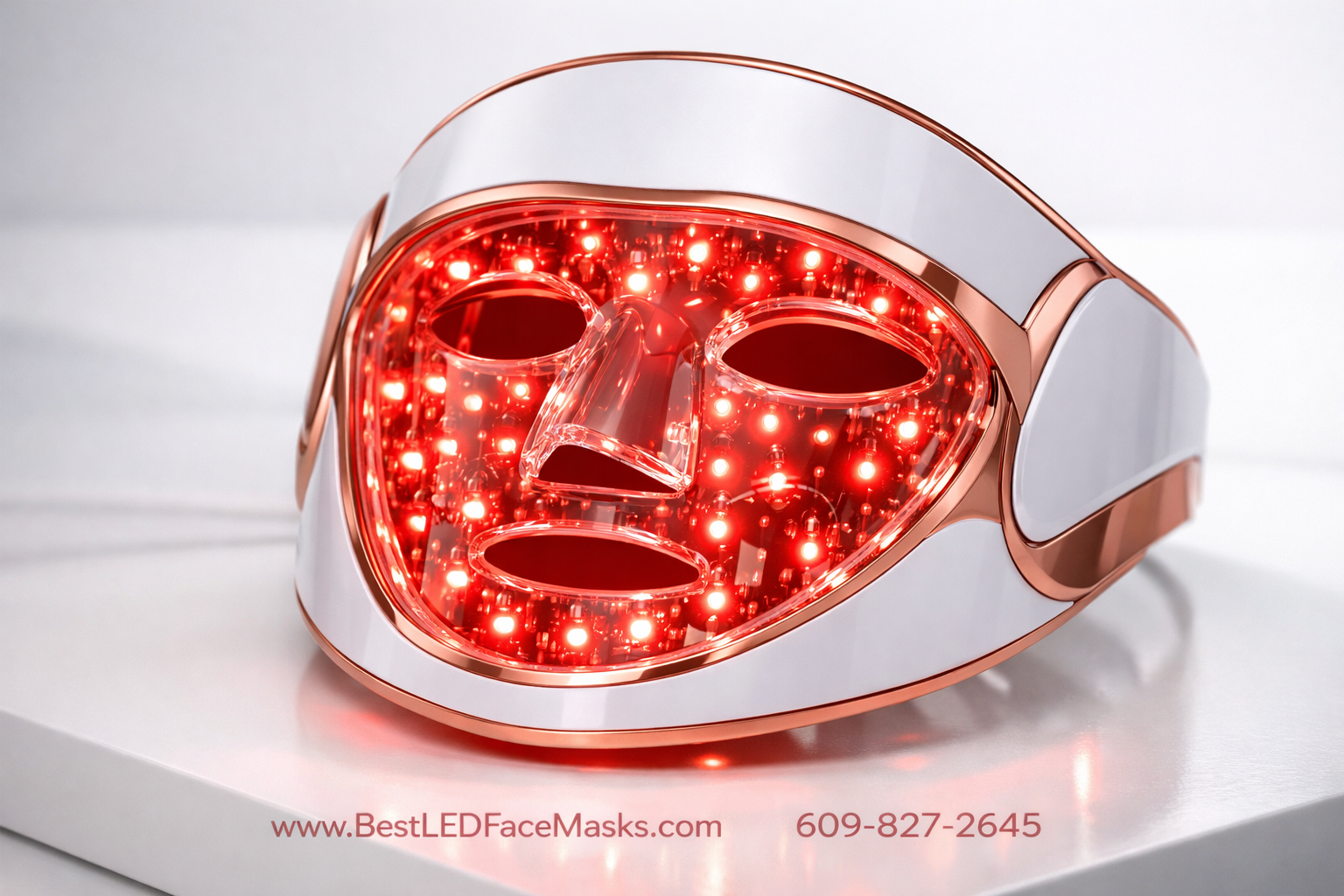 () close-up product shot of the Renu-Gen LED face mask displayed on a sleek white surface with soft studio lighting, showing