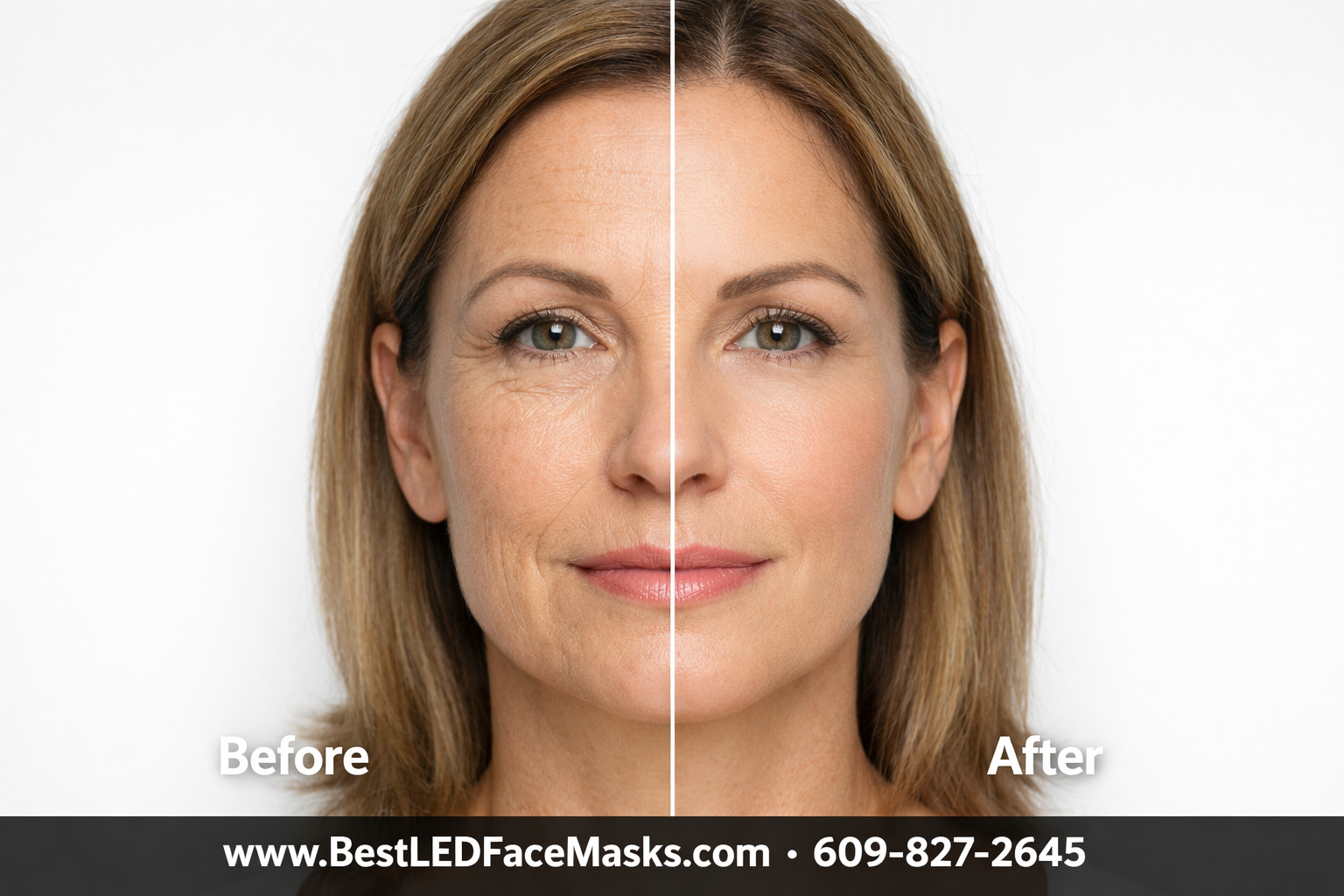 () before-and-after comparison panel showing a woman's face split down the center: left side showing fine lines, uneven skin