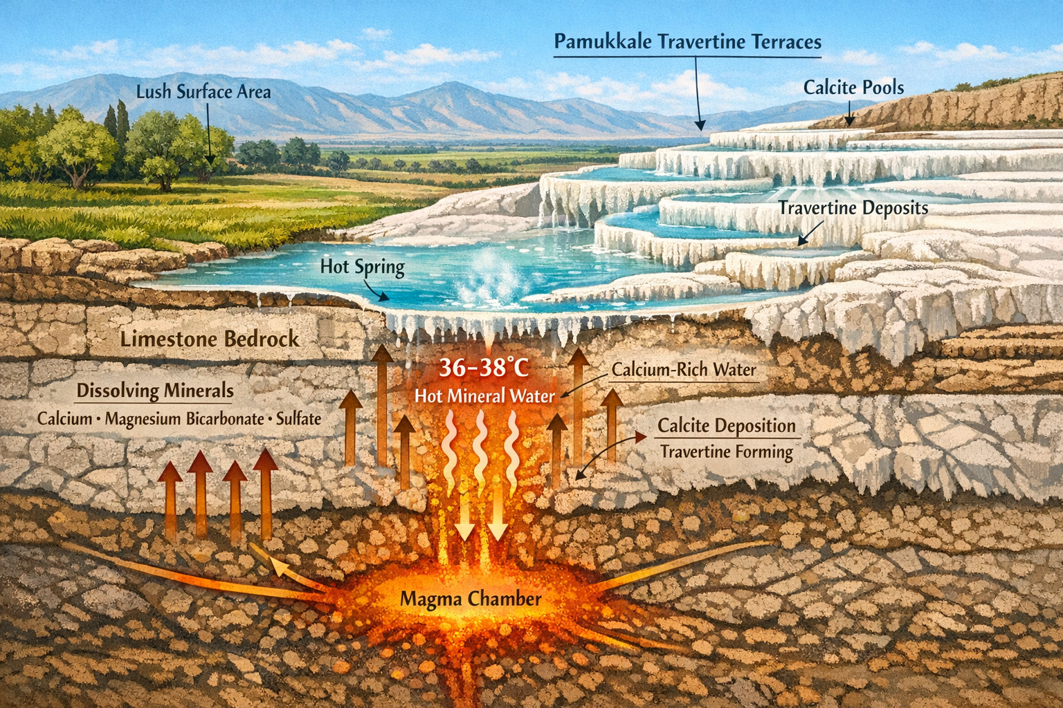 Cross-section geological illustration showing how Pamukkale travertine terraces form