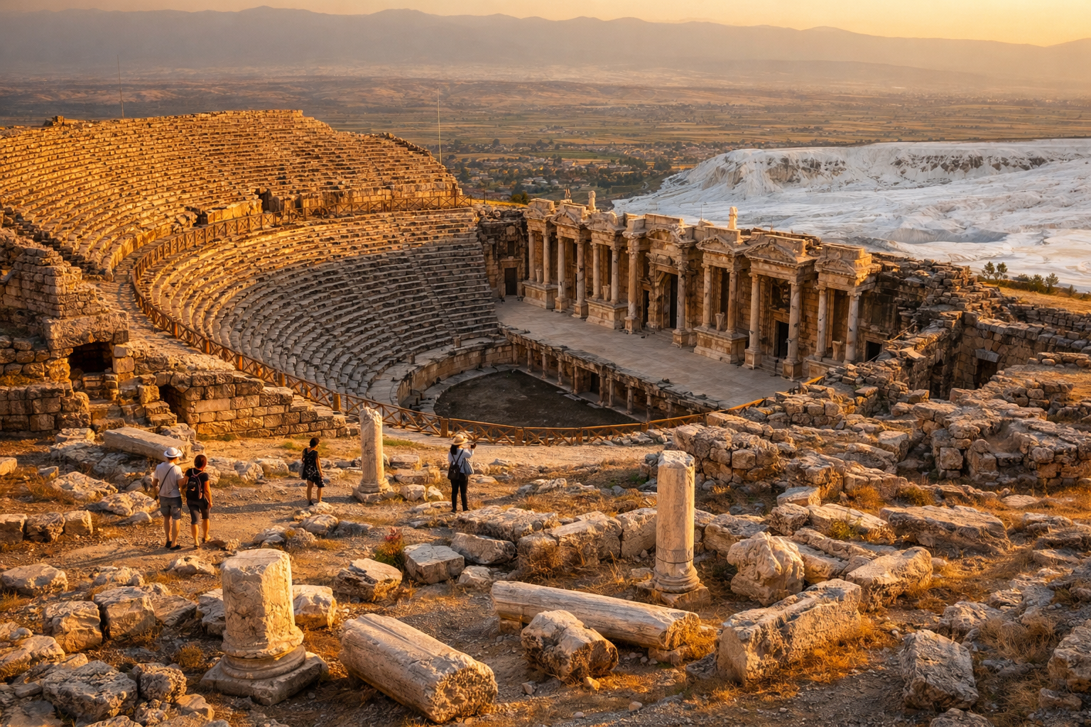 The ancient Roman theatre of Hierapolis perched above Pamukkale's white travertine terraces