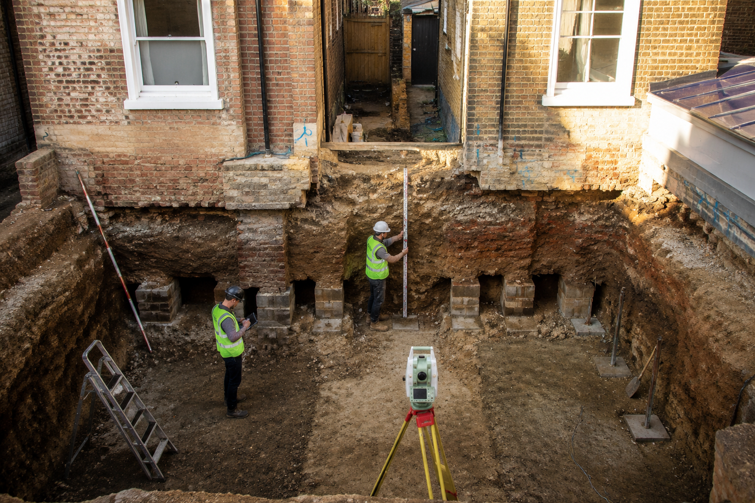Detailed () showing aerial bird's-eye view of an active basement excavation site between two London terraced houses, with