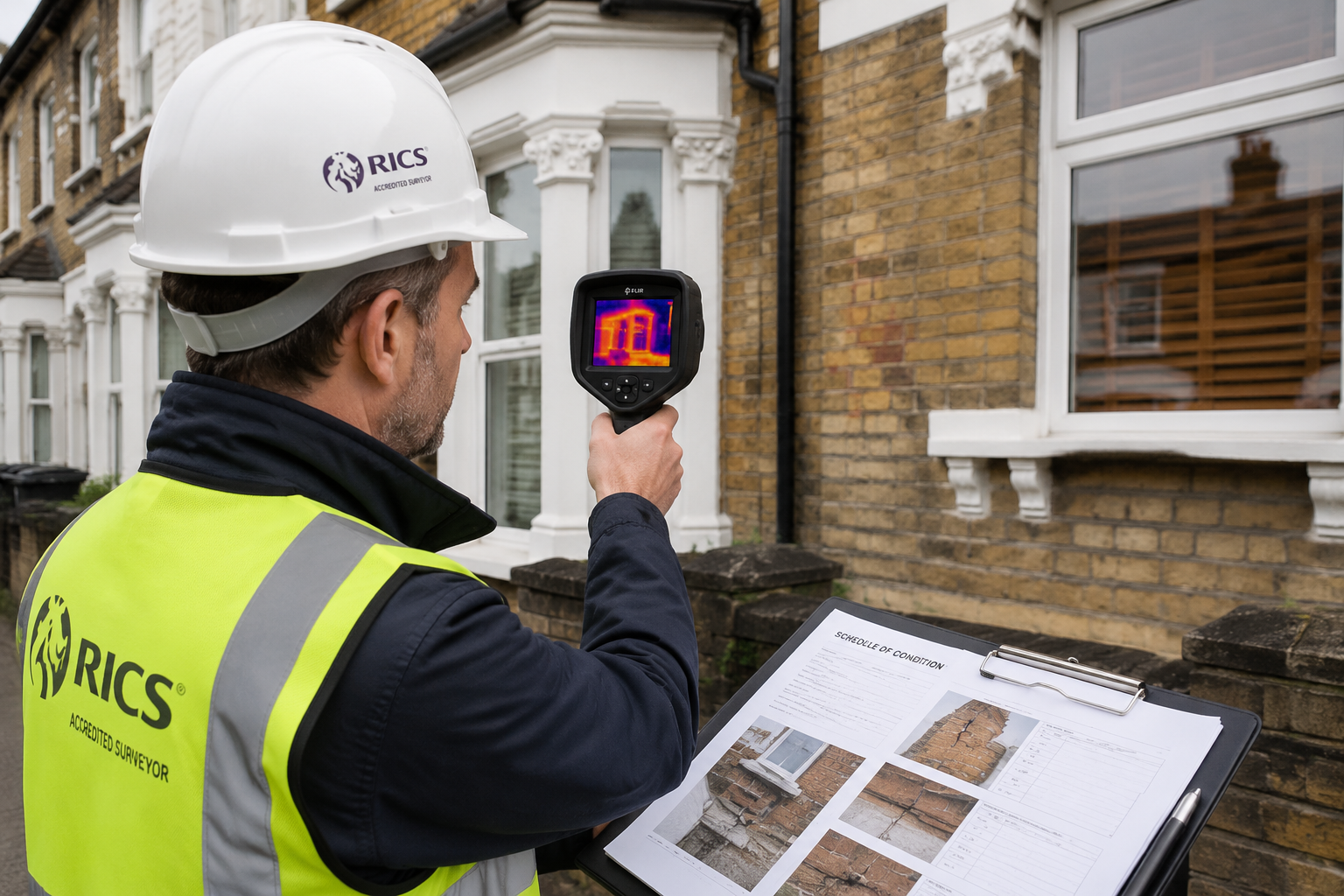 Detailed () showing a RICS-accredited surveyor using a thermal imaging camera pointed at a Victorian terraced house wall,